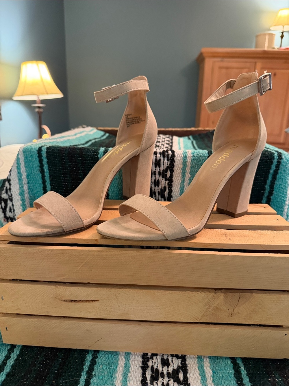 Women's Ankle-Strap Block Heel - Beige Suede